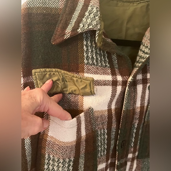 Green Brown White Plaid Heavy Flannel Button Up Fall Winter Shirt Blouse Top - Picture 7 of 12